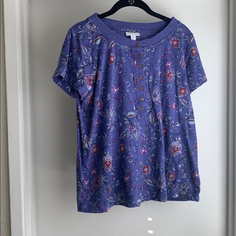 J. Jill Women’s Purple Floral Print Knit Top Size Small Short Sleeve Pullover